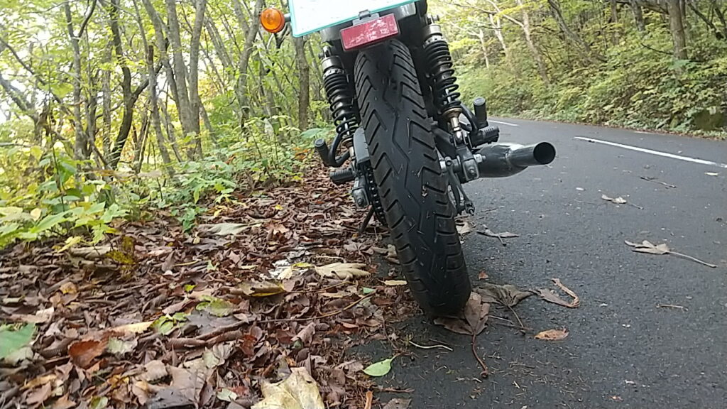 落ち葉が積もる道のバイク
